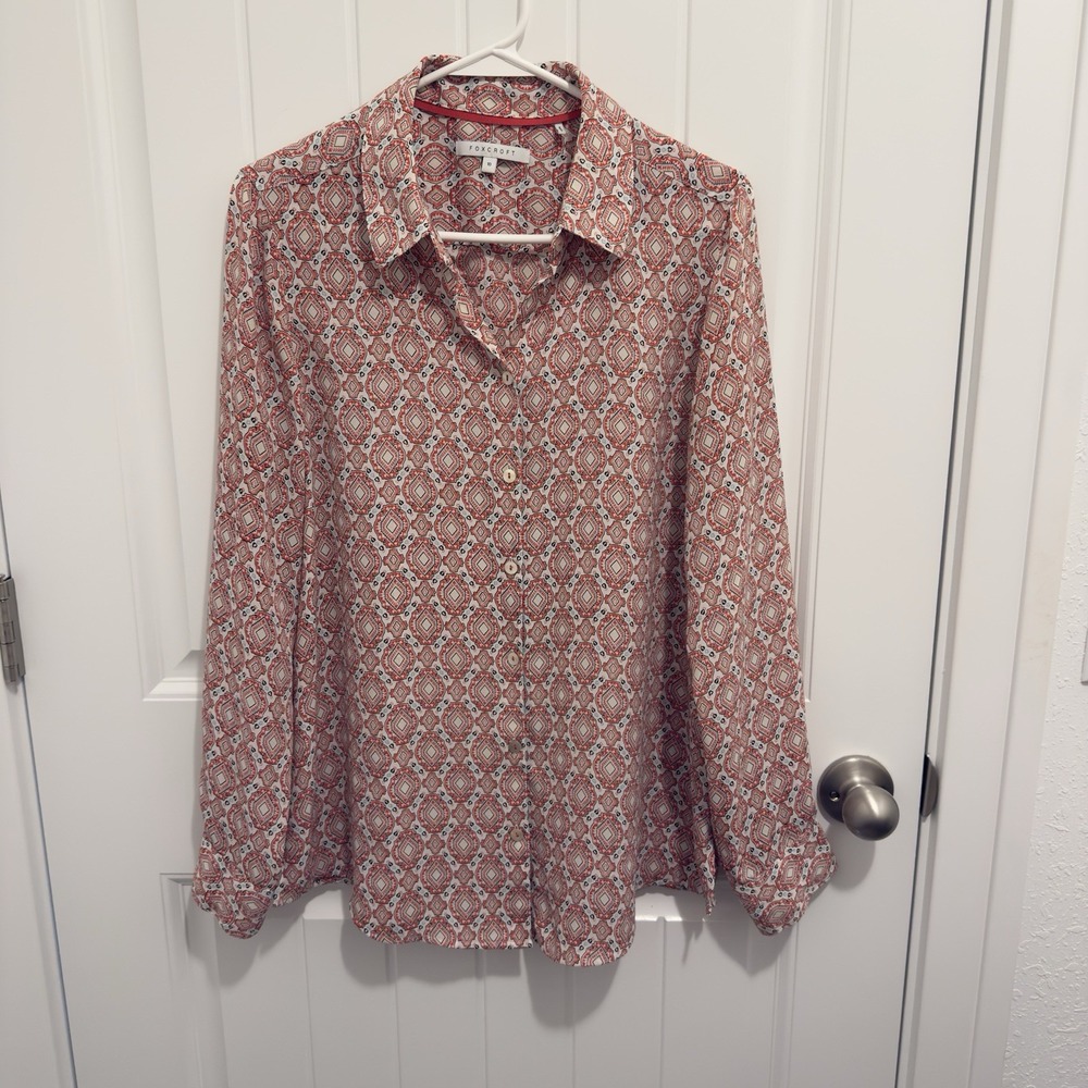 Foxcroft Women's Long Sleeve Button Blouse White Coral Geometric Design Size 10